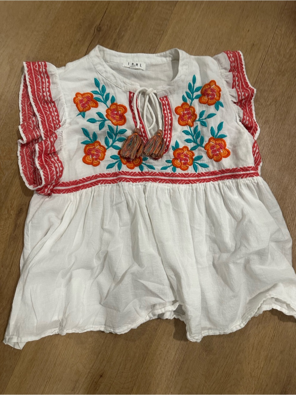 THML White Girls' Embroidered Floral Peasant Top with Orange & Teal Accents